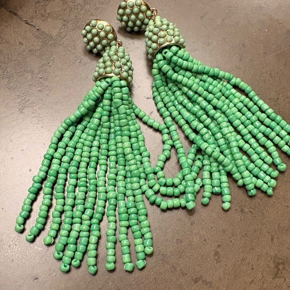 Vintage Green Beaded Tassel Drop Earrings - Picture 2 of 5